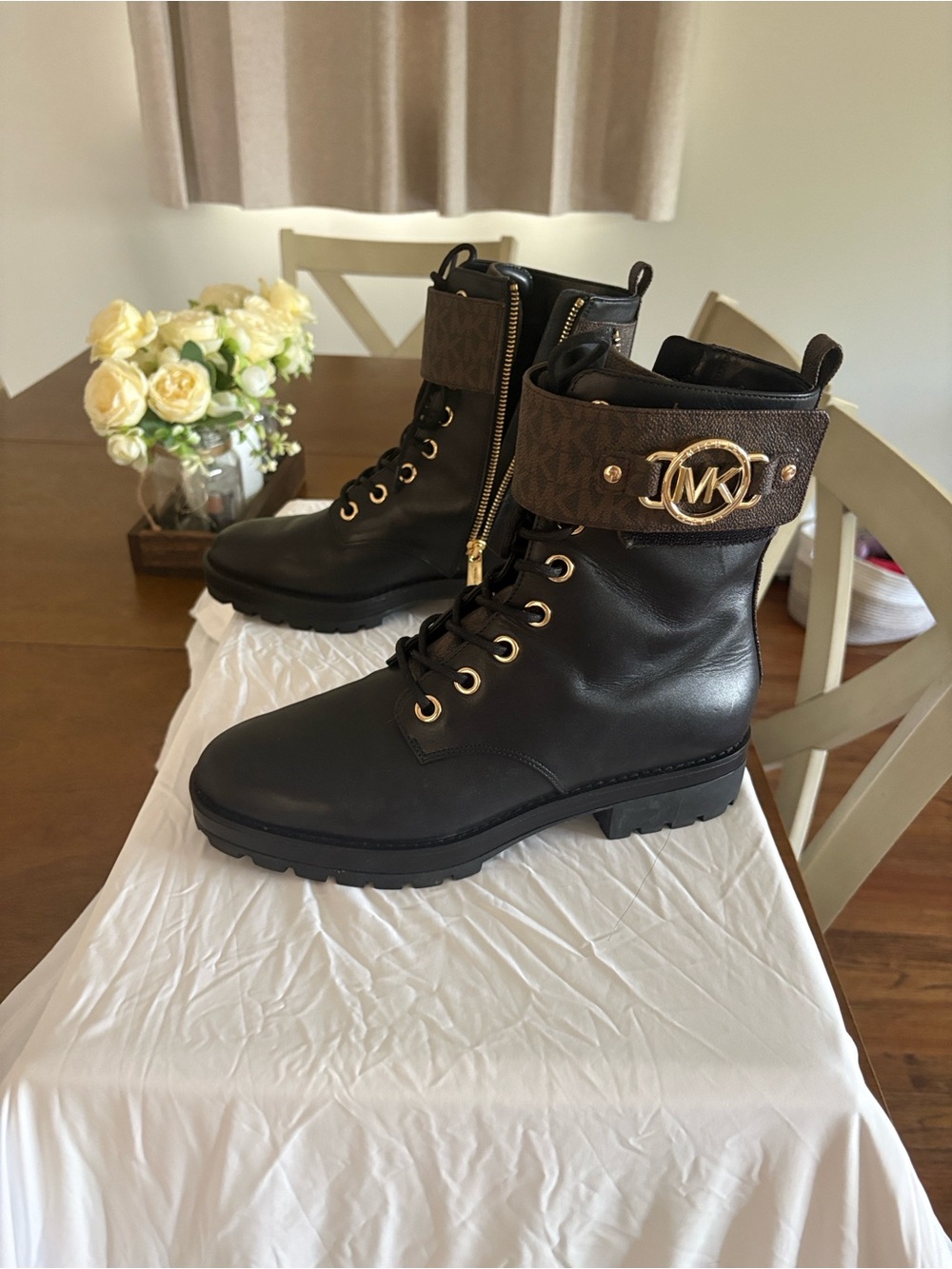 Michael Kors Kids Black Leather Combat Boots with Brown MK Logo Cuff